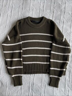 Jenni Kayne Chloe Striped Cotton Crewneck Sweater in Warm Olive Cream Sz M
